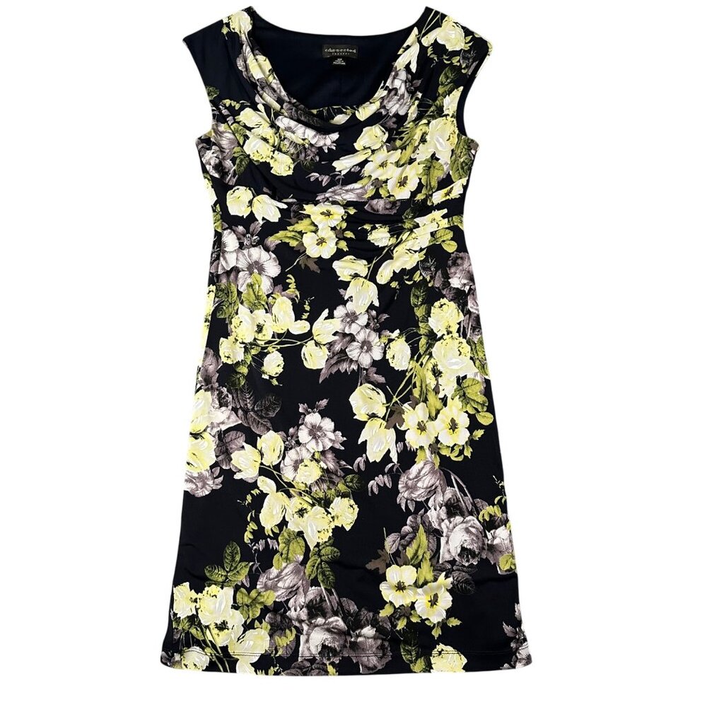Connected Apparel Womens 10P Blue Floral Cap Sleeve Drape Neck Pullover Dress